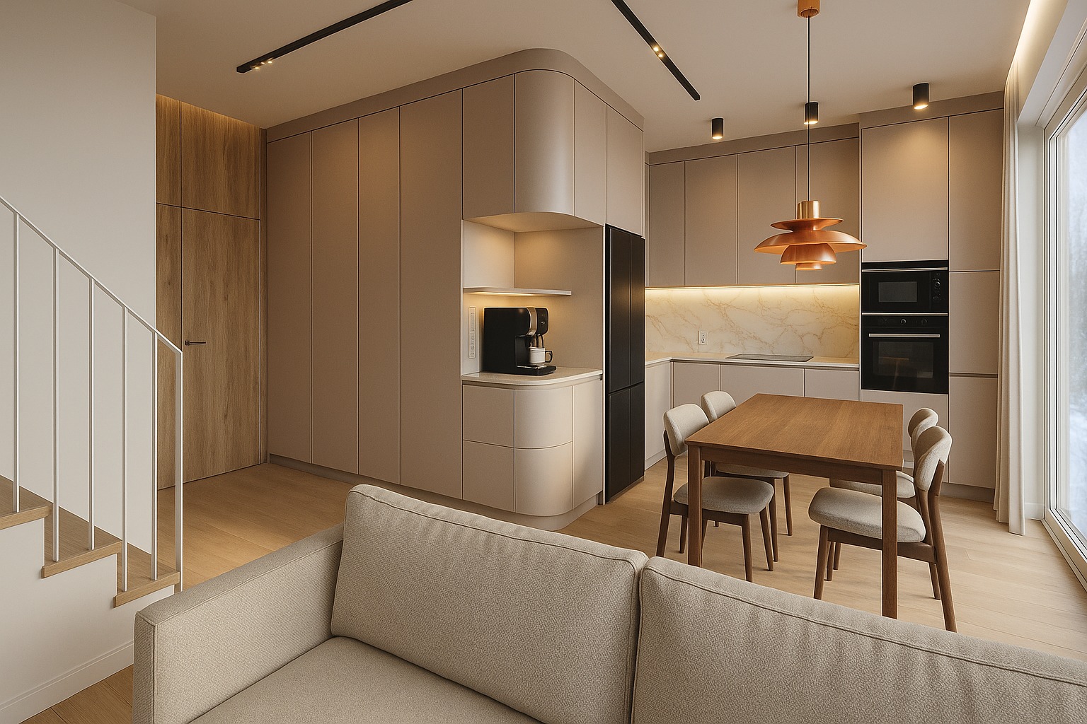Beżowa kuchnia z drewnianym stołem i krzesłami, oświetlona lampami sufitowymi. Widoczny fragment sofy i schodów. Minimalistyczny design, jasne wnętrze.