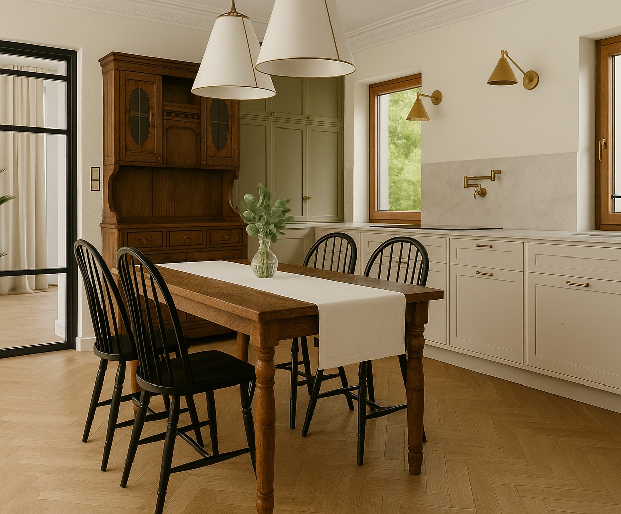 Jasna kuchnia z drewnianym stołem, czarnymi krzesłami i kredensem. Widoczne lampy, okna i parkiet w jodełkę. Neutralna kolorystyka z akcentami zieleni i brązu.