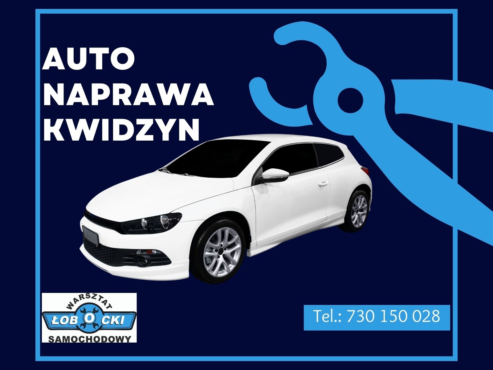 Grafika reklamowa warsztatu samochodowego w Kwidzynie: biały samochód na ciemnoniebieskim tle z grafiką klucza francuskiego i danymi kontaktowymi.