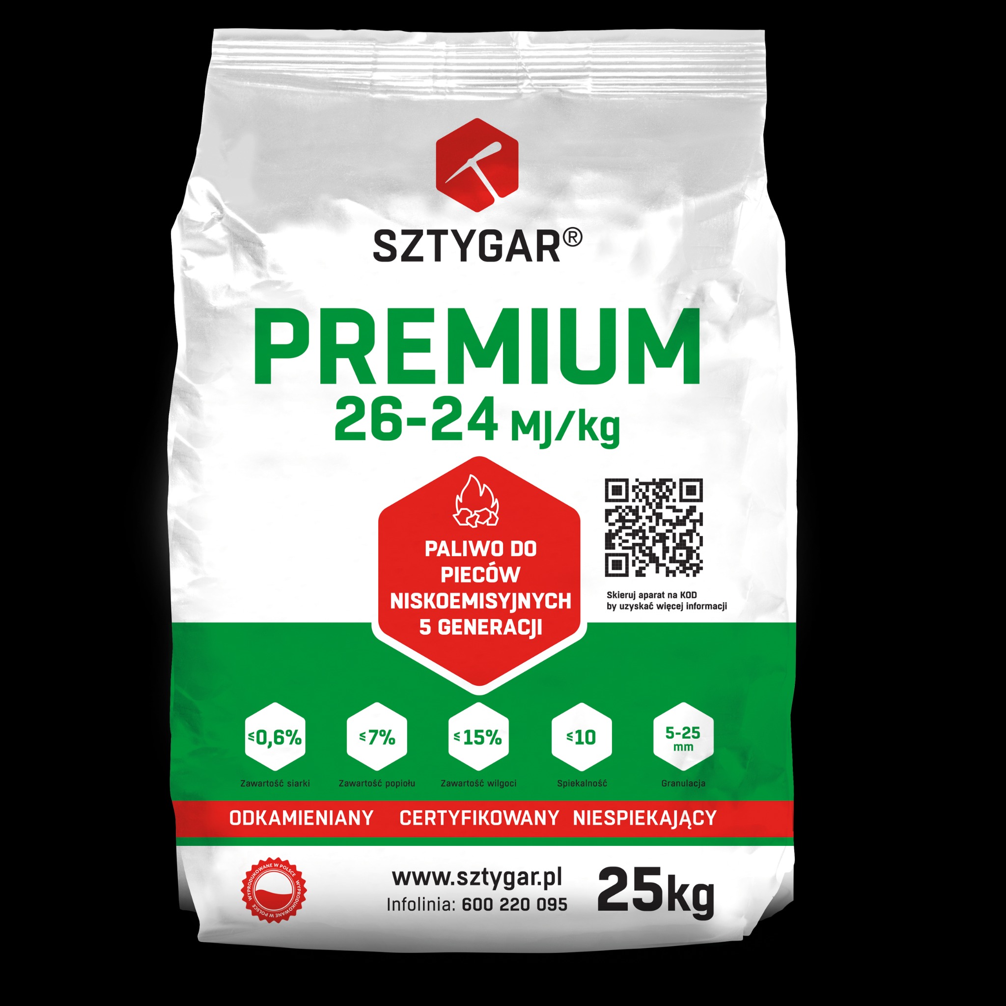 Worek z certyfikowanym paliwem do pieców niskoemisyjnych 5 generacji, o granulacji 5-25mm, z informacją o zawartości siarki, popiołu i wilgoci oraz kodem QR.