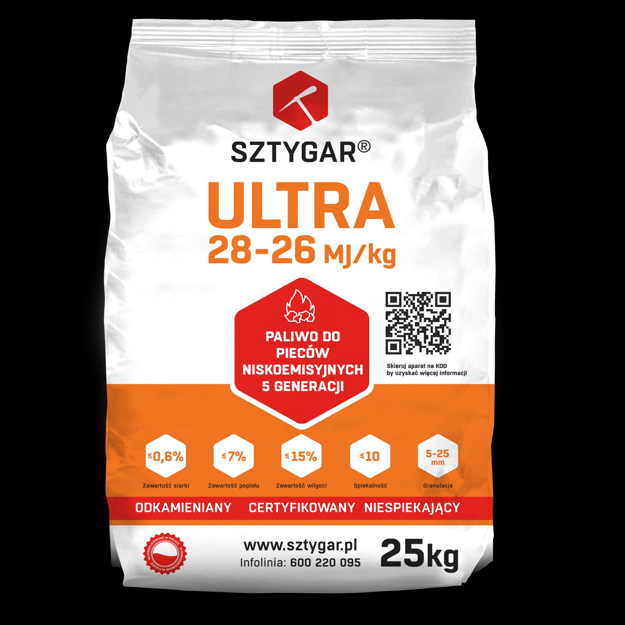 Worek 25 kg z certyfikowanym paliwem do pieców niskoemisyjnych, oznaczony logo Sztygar Ultra, z informacją o zawartości siarki, popiołu i wilgoci oraz granulacji.