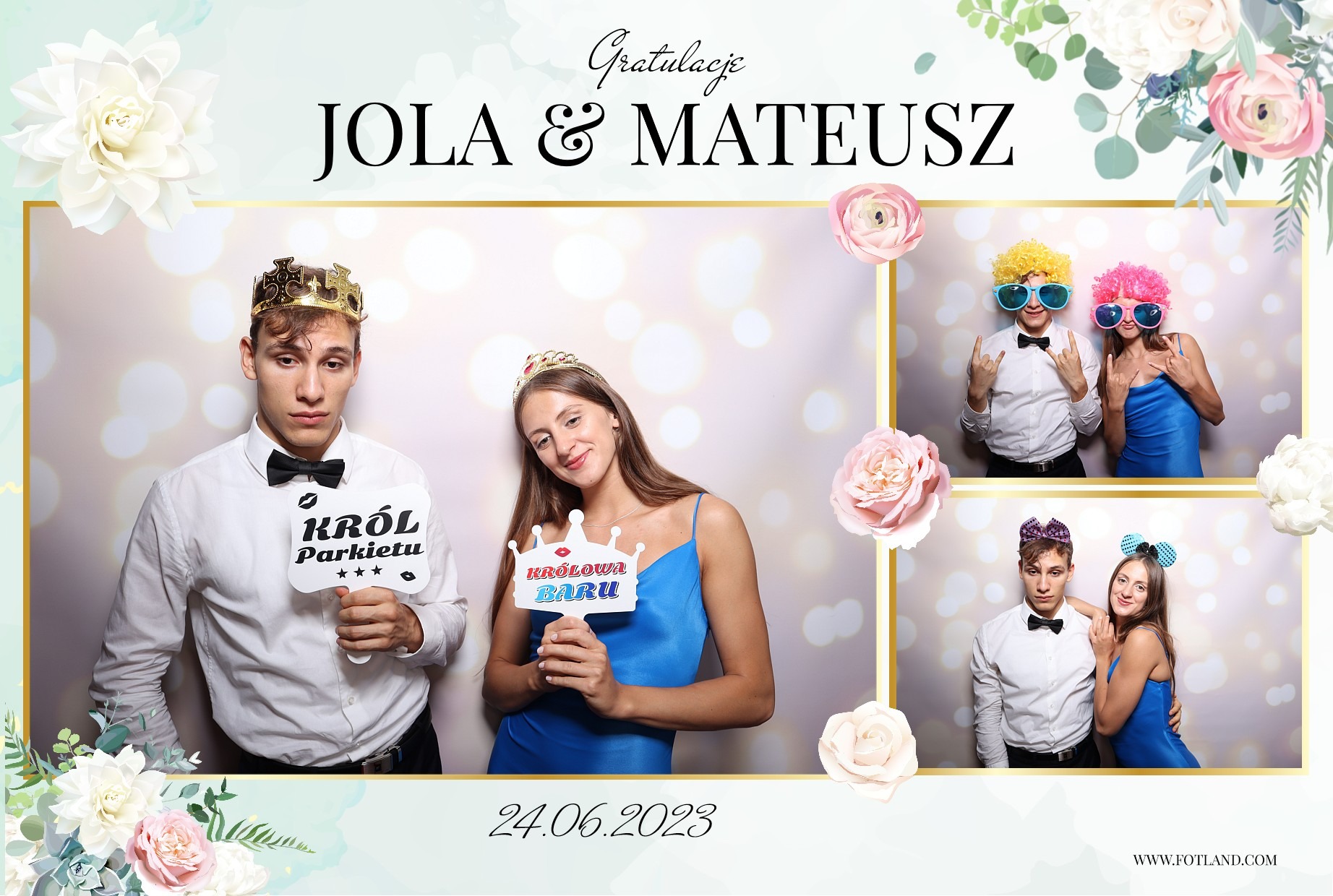 Cztery ujęcia par w dekoracyjnej ramce z napisem 'Gratulacje Jola & Mateusz' i datą 24.06.2023, pozujących z rekwizytami: korony, tabliczki 'Król Parkietu' i 'Królowa Baru', peruki i duże okulary.