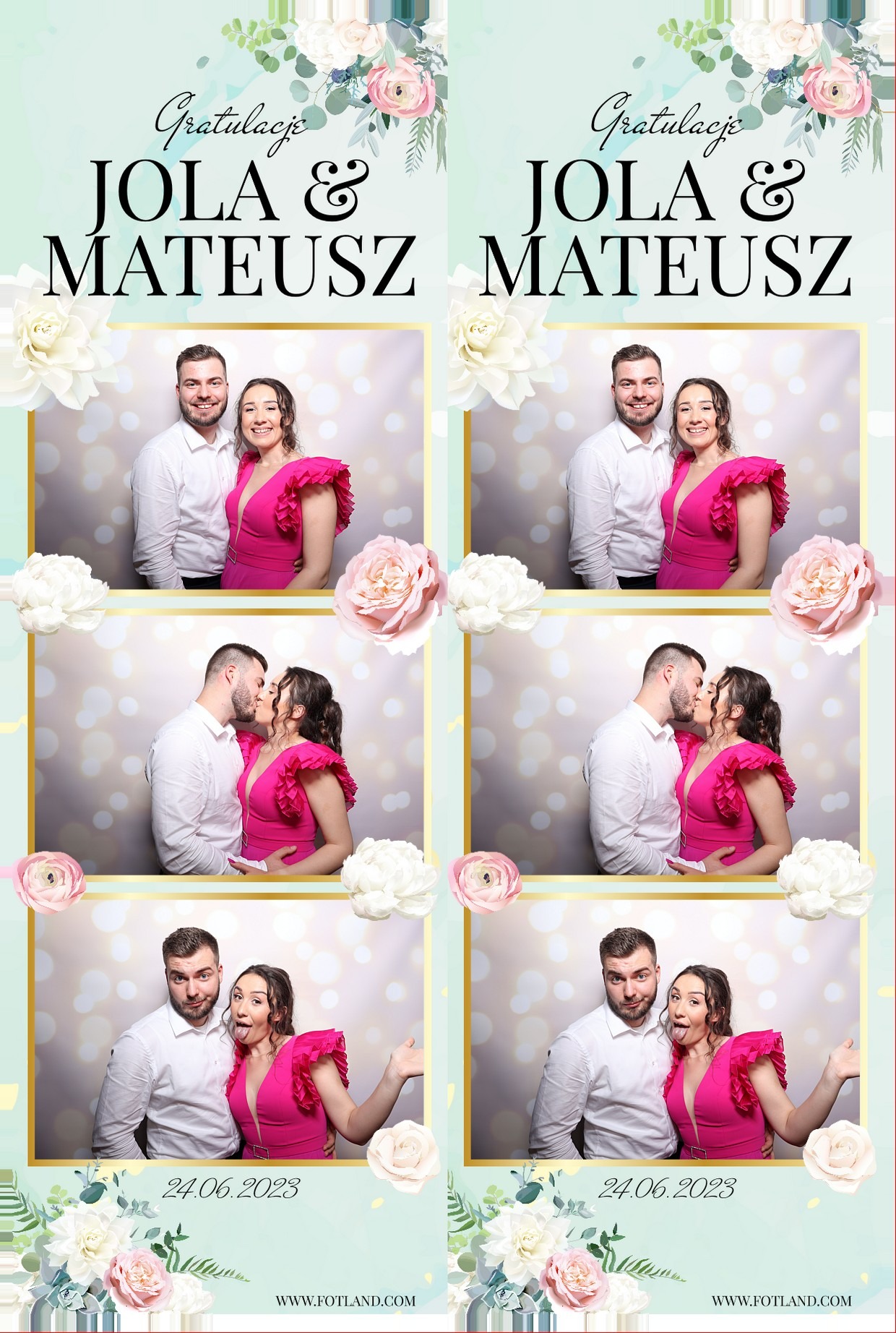 Pasek zdjęć z fotobudki z trzema ujęciami pary: uśmiechnięci, całujący się i z wyciągniętym językiem, data 24.06.2023, kwiatowe dekoracje i napis 'Gratulacje Jola & Mateusz'.
