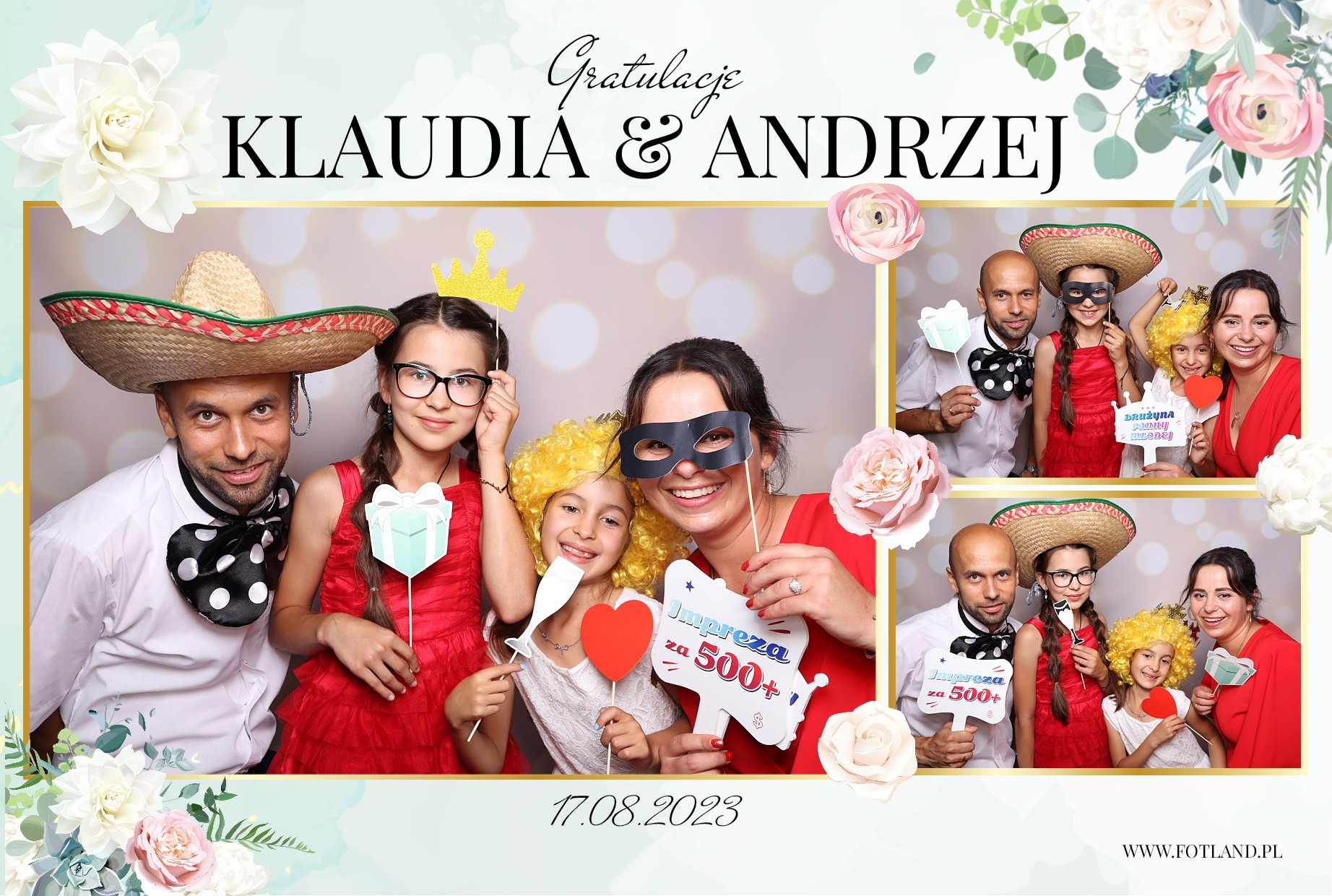 Rodzinne zdjęcie z rekwizytami w fotobudce z okazji ślubu Klaudii i Andrzeja, dekoracje kwiatowe i złota ramka, data 17.08.2023.