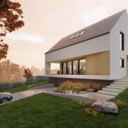 Wizualizacja nowoczesnego domu jednorodzinnego z dwuspadowym dachem i drewnianą elewacją, otoczonego zielenią, z podjazdem i zaparkowanym szarym samochodem.