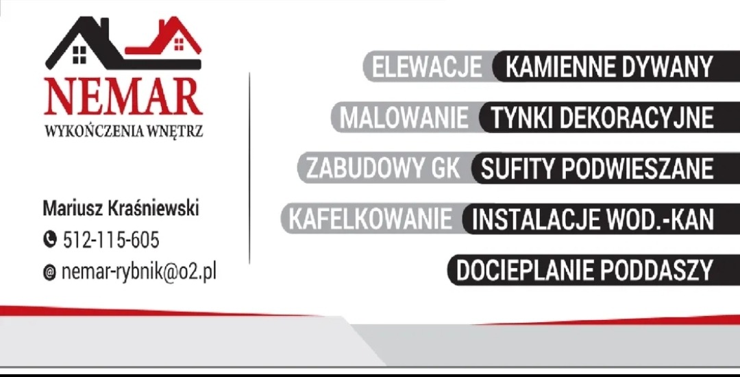 Wizytówka firmy Nemar Wykończenia Wnętrz z Rybnika, oferującej elewacje, malowanie, zabudowy GK, kafelkowanie i docieplanie poddaszy, z logo firmy i danymi kontaktowymi Mariusza Kraśniewskiego.