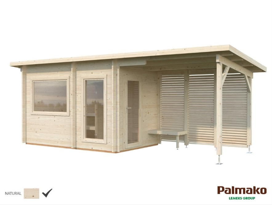 Gotowa, drewniana konstrukcja z przeszklonymi drzwiami i oknem, z zadaszoną częścią wypoczynkową i ławką, na metalowych wspornikach.