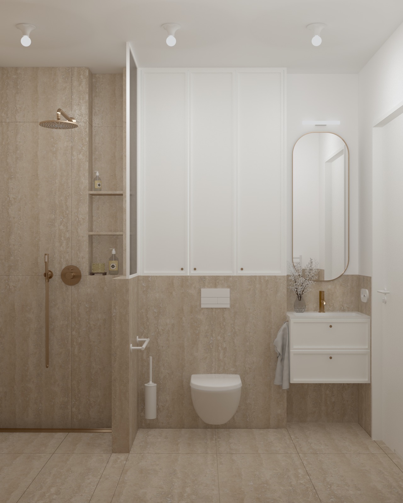 Nowoczesna łazienka z beżowymi płytkami trawertyn, kabiną prysznicową typu walk-in z deszczownicą w kolorze złota, białymi szafkami wiszącymi, umywalką z szafką i owalnym lustrem w złotej ramie.