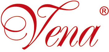 Czerwone, ozdobne logo 'Vena' z symbolem zastrzeżonego znaku towarowego (R) w kółku, na białym tle.