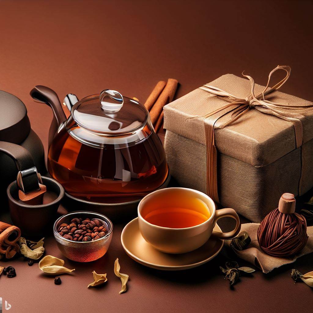 Kompozycja prezentowa w ciepłych brązach: szklany czajnik z herbatą, filiżanka na spodku, pudełko prezentowe przewiązane wstążką, laski cynamonu i naczynie z ziarnami kawy na brązowym tle.