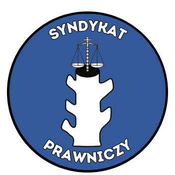 Okrągłe logo z niebieskim tłem, przedstawiające biały stylizowany kręgosłup z wagą sprawiedliwości na szczycie i napisem 'Syndykat Prawniczy' w obwodzie.