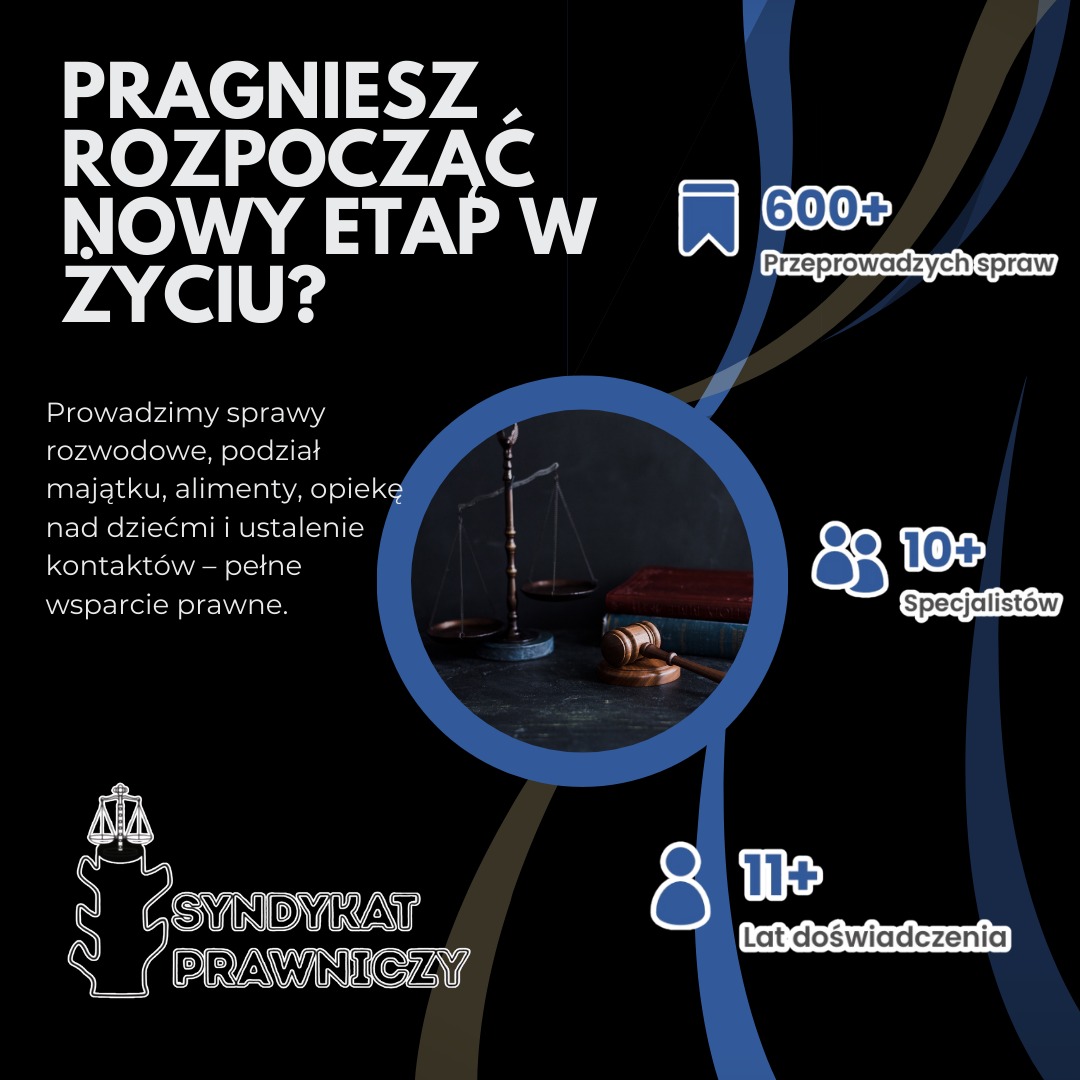 Grafika informacyjna kancelarii prawnej: wagi Temidy, kodeks, młotek sędziowski. Oferta: sprawy rozwodowe, podział majątku, alimenty, opieka nad dziećmi. 600+ spraw, 10+ specjalistów, 11+ lat...