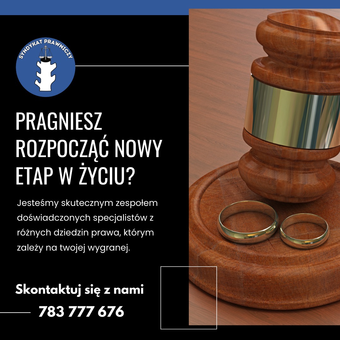 Drewniany młotek sędziowski i obrączki na drewnianej podstawie, symbolizujące sprawy rozwodowe. Po lewej stronie logo kancelarii i hasło: Pragniesz rozpocząć nowy etap w życiu?