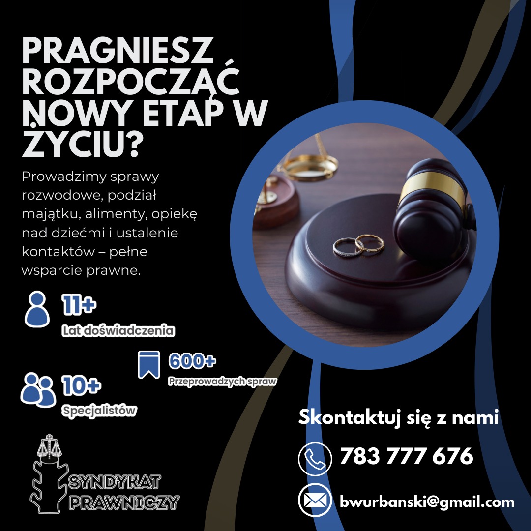 Grafika: Rozwód, podział majątku, alimenty. Obrączki, młotek sędziowski, waga. Dane kontaktowe, logo Syndykatu Prawniczego. Oferta wsparcia prawnego.