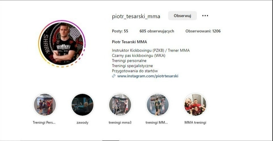 Profil Instagram trenera personalnego i instruktora kickboxingu Piotra Tesarskiego, prezentujący logo, liczbę postów, obserwujących i obserwowanych, opis kwalifikacji oraz link do konta.