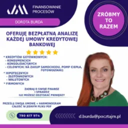 Grafika reklamowa z ofertą bezpłatnej analizy umów kredytowych, zawierająca zdjęcie uśmiechniętej kobiety z rudymi włosami, kontakt telefoniczny i adres e-mail, skierowana do osób zainteresowanych...