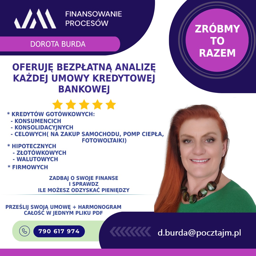 Grafika reklamowa z ofertą bezpłatnej analizy umów kredytowych, zawierająca zdjęcie uśmiechniętej kobiety z rudymi włosami, kontakt telefoniczny i adres e-mail, skierowana do osób zainteresowanych...