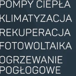 Reklama firmy Ekoheat oferującej pompy ciepła, klimatyzację, rekuperację, fotowoltaikę i ogrzewanie podłogowe, z panelem fotowoltaicznym i klimatyzatorem w tle.