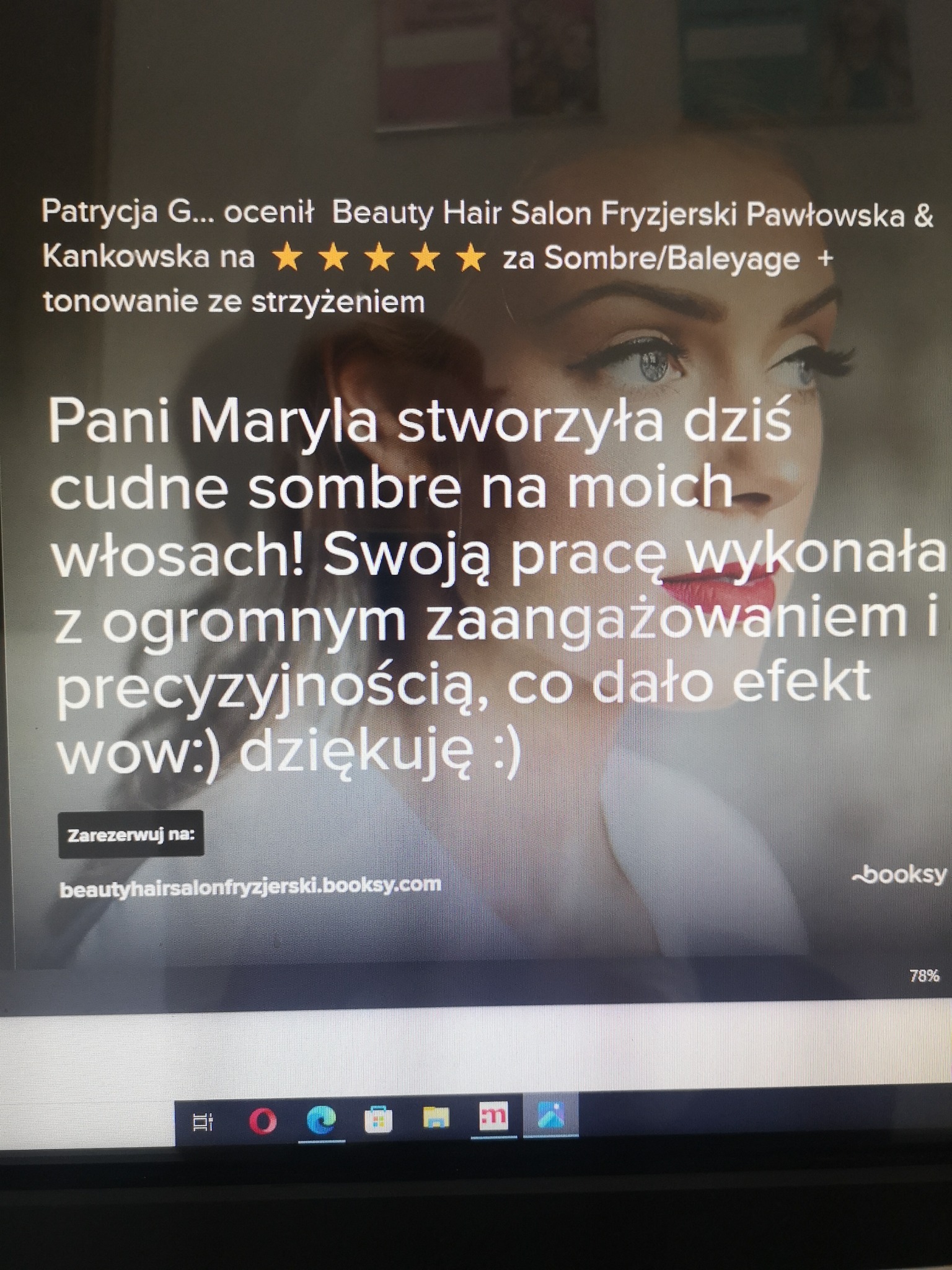 Zrzut ekranu recenzji salonu fryzjerskiego Beauty Hair Salon Fryzjerski Pawłowska & Kankowska, z oceną pięciogwiazdkową i opisem wykonania sombre/baleyage oraz tonowania ze strzyżeniem. Widoczny...