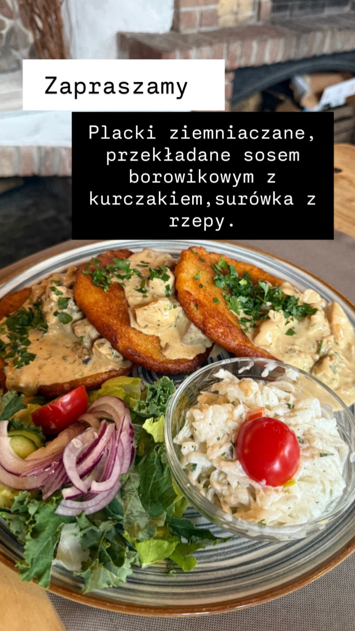 Placki ziemniaczane z sosem borowikowym i kurczakiem, podane z surówką z rzepy na talerzu z szaro-niebieskim wzorem. Kompozycja kulinarna z bliska.