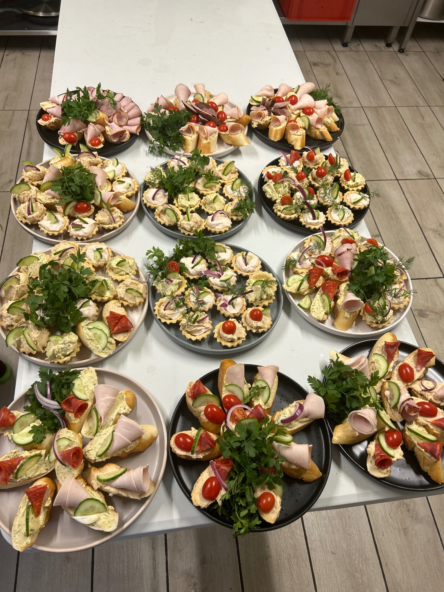 Różnorodne kanapki i tartaletki na talerzach, dekorowane świeżymi ziołami, pomidorkami cherry, ogórkiem i czerwoną cebulą, gotowe do serwowania na przyjęciu.