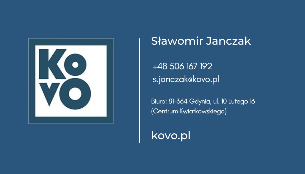 Wizytówka firmy KOVO z logo w białym kwadracie, imieniem i nazwiskiem Sławomir Janczak, numerem telefonu, adresem e-mail, adresem biura w Gdyni i adresem strony internetowej kovo.pl na niebieskim tle.