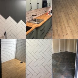 Płytka PL - Mozaika zdjęć przedstawiająca różne etapy układania płytek i wykończenia wnętrz: wzór jodełki na ścianie, kuchnia z drewnianym blatem i białymi płytkami, podłoga z płytek imitujących drewno...