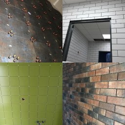 Płytka PL - Mozaika czterech ujęć z różnymi etapami układania płytek: podłoga z ciemnych płytek z pomarańczowymi krzyżykami, ściana z białych płytek w trakcie kładzenia, zielona ściana z płytek z otworem...