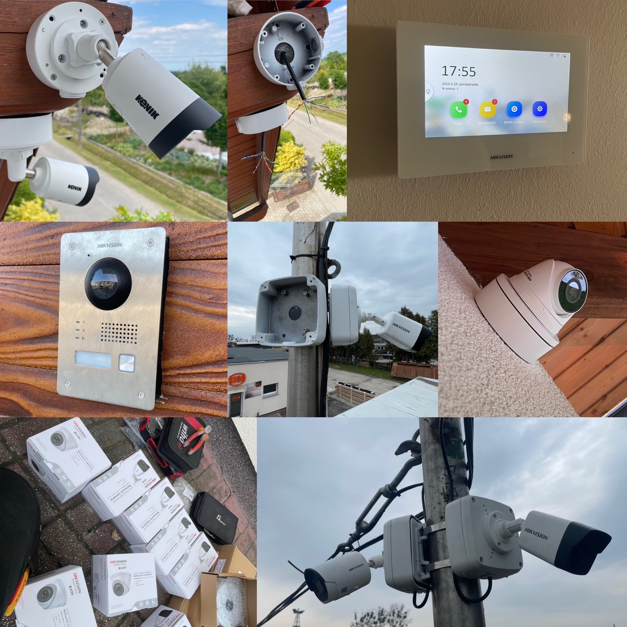 Mozaika zdjęć przedstawia instalację systemów monitoringu i domofonów: kamery Konik i Hikvision zamontowane na elewacji, słupie i pod dachem, panel domofonowy Hikvision na ścianie, rozpakowane...