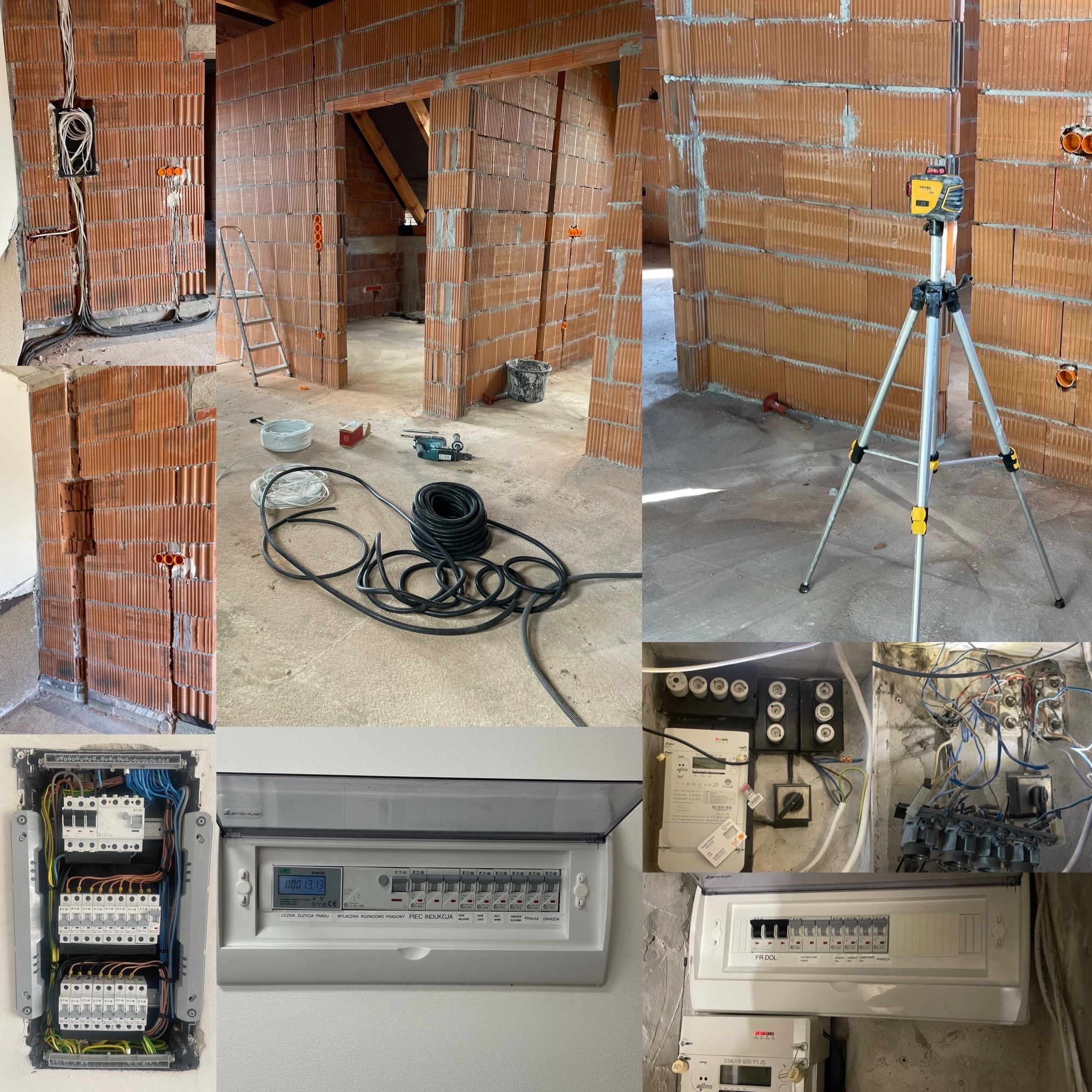 Wnętrze w trakcie prac elektrycznych: widoczne kable w ścianach z pustaków, rozdzielnice elektryczne, poziomica laserowa na statywie, przewody, wiertarka i drabina.
