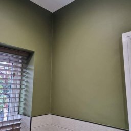 DECOLUX - Ściana w odcieniach oliwkowej zieleni, pomalowana na gładko, z widocznym fragmentem okna z żaluzjami i dolną częścią wyłożoną płytkami imitującymi cegłę.