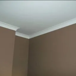 Brązowe ściany pomalowane matową farbą z białym, ozdobnym wykończeniem sufitu w rogu pokoju.