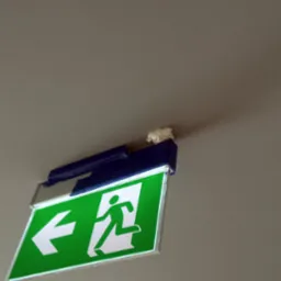 Zielony znak ewakuacyjny z białą strzałką i sylwetką biegnącego człowieka, zamontowany pod sufitem, z widoczną niezabezpieczoną watą izolacyjną.