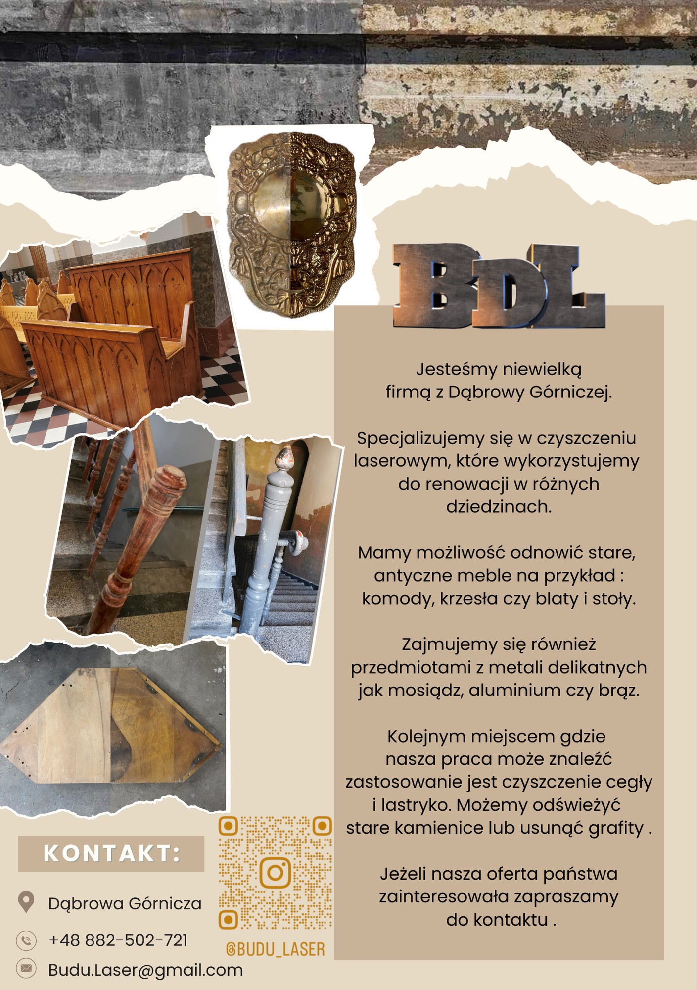 Kompozycja zdjęć przedstawiająca efekty czyszczenia laserowego: fragment kościelnej ławki, metalowa dekoracja, schody z drewnianą balustradą oraz fragment blatu przed i po czyszczeniu.