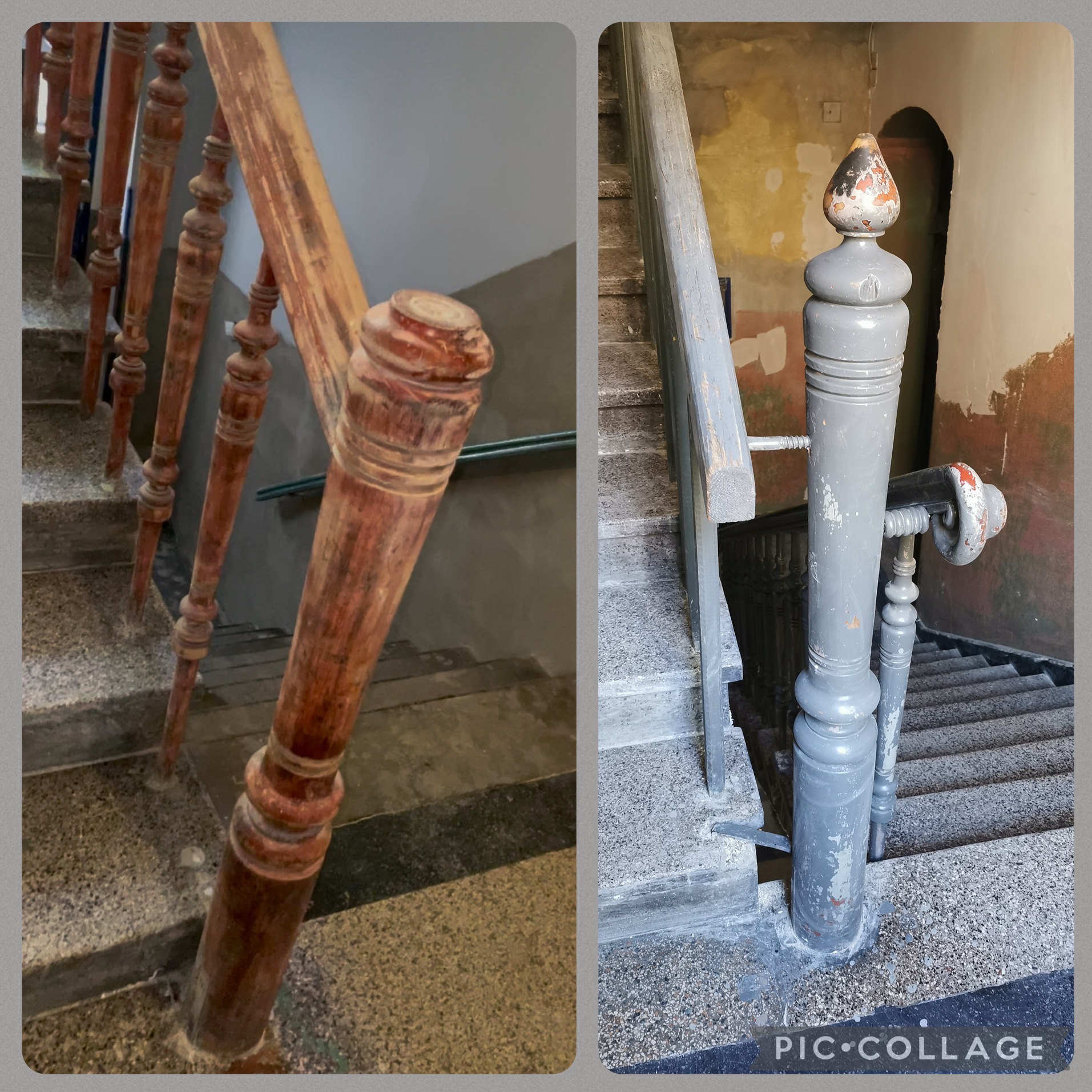 Porównanie drewnianej i szarej balustrady schodowej: odnowiona, z widocznymi śladami użytkowania i różnicami w wykończeniu.