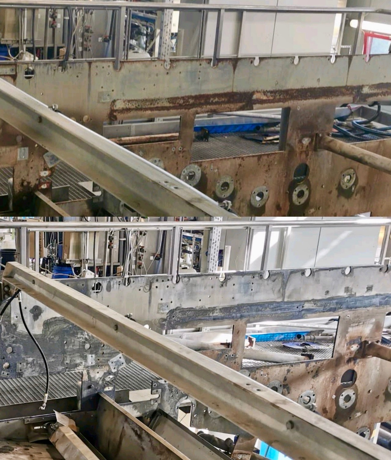 Porównanie stanu metalowej konstrukcji przed i po oczyszczeniu z rdzy, widoczne różnice w fakturze i kolorze powierzchni.