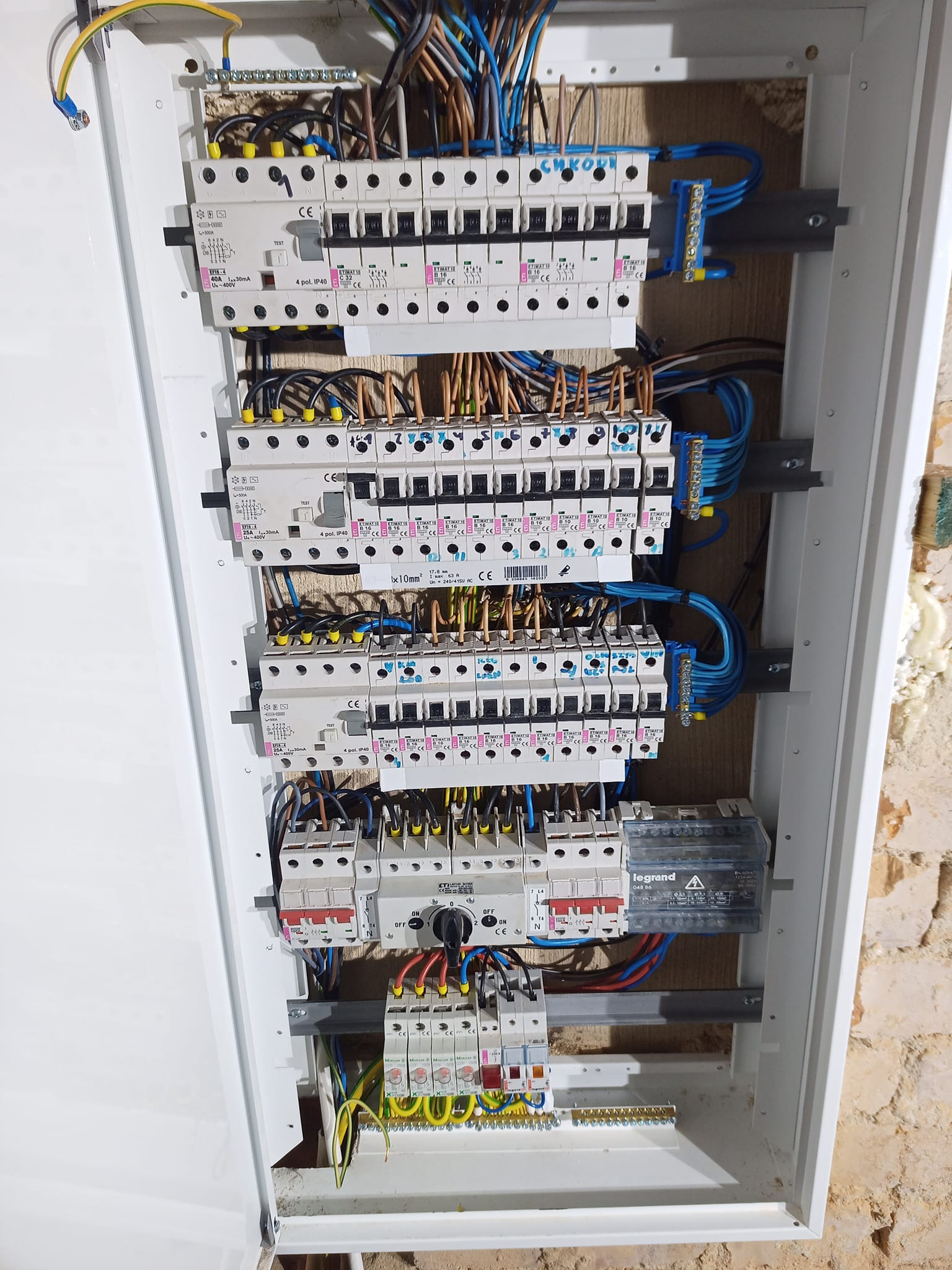 Rozdzielnica elektryczna z zamontowanymi bezpiecznikami różnicowoprądowymi i nadprądowymi, widoczne kable w różnych kolorach podłączone do listew zaciskowych, w tle fragment ściany z cegły i pianki...