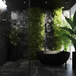 Nowoczesna łazienka w ciemnych barwach z czarną wanną wolnostojącą, ścianą z zielenią i marmurowymi wykończeniami.