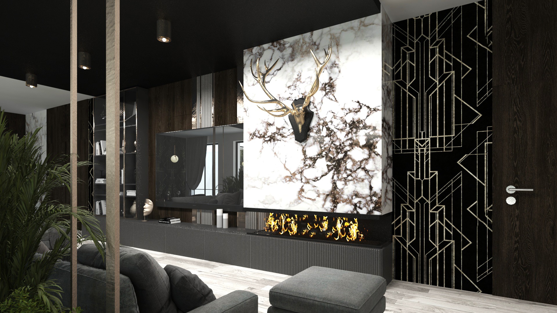 Elegancki salon z marmurowym kominkiem, złotym porożem jelenia, czarnym sufitem i wzorzystą tapetą w stylu Art Deco.