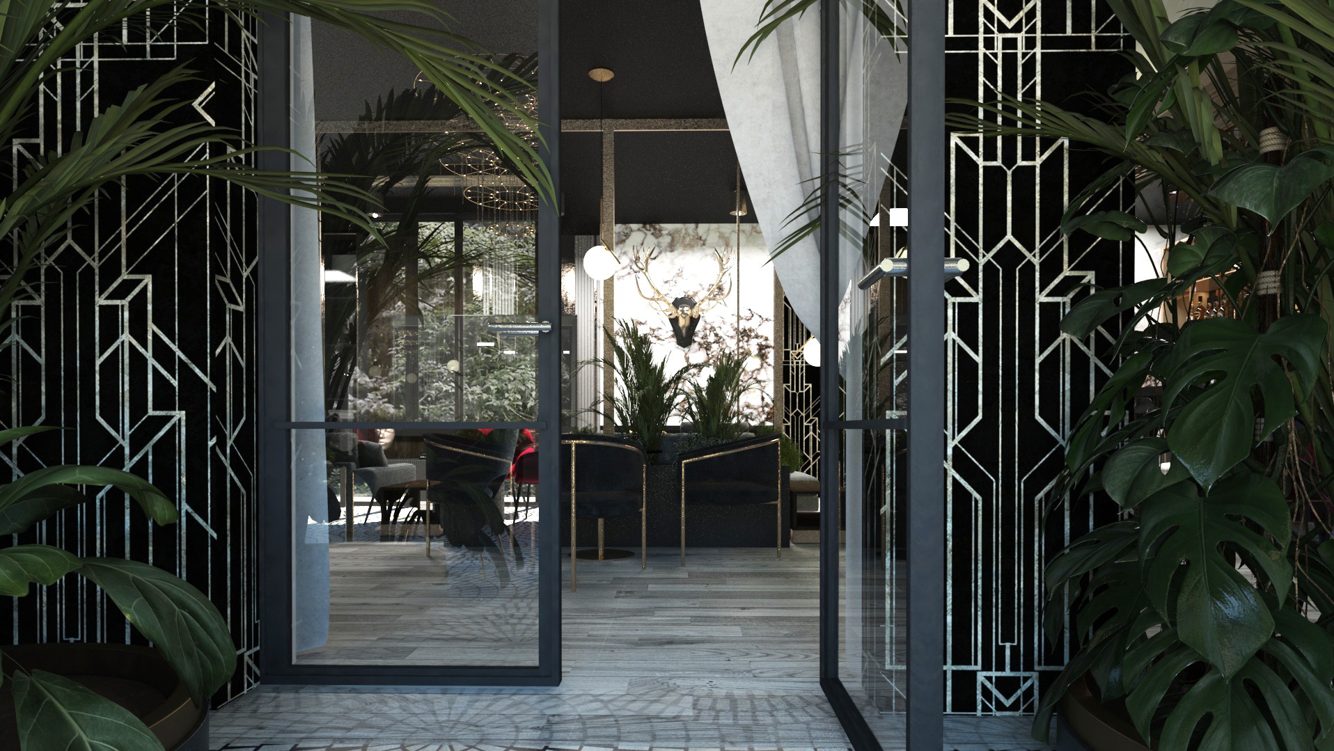 Wnętrze biura w stylu art déco z roślinami doniczkowymi, widoczne przez otwarte szklane drzwi z geometrycznym wzorem, na ścianie dekoracja w postaci głowy jelenia.