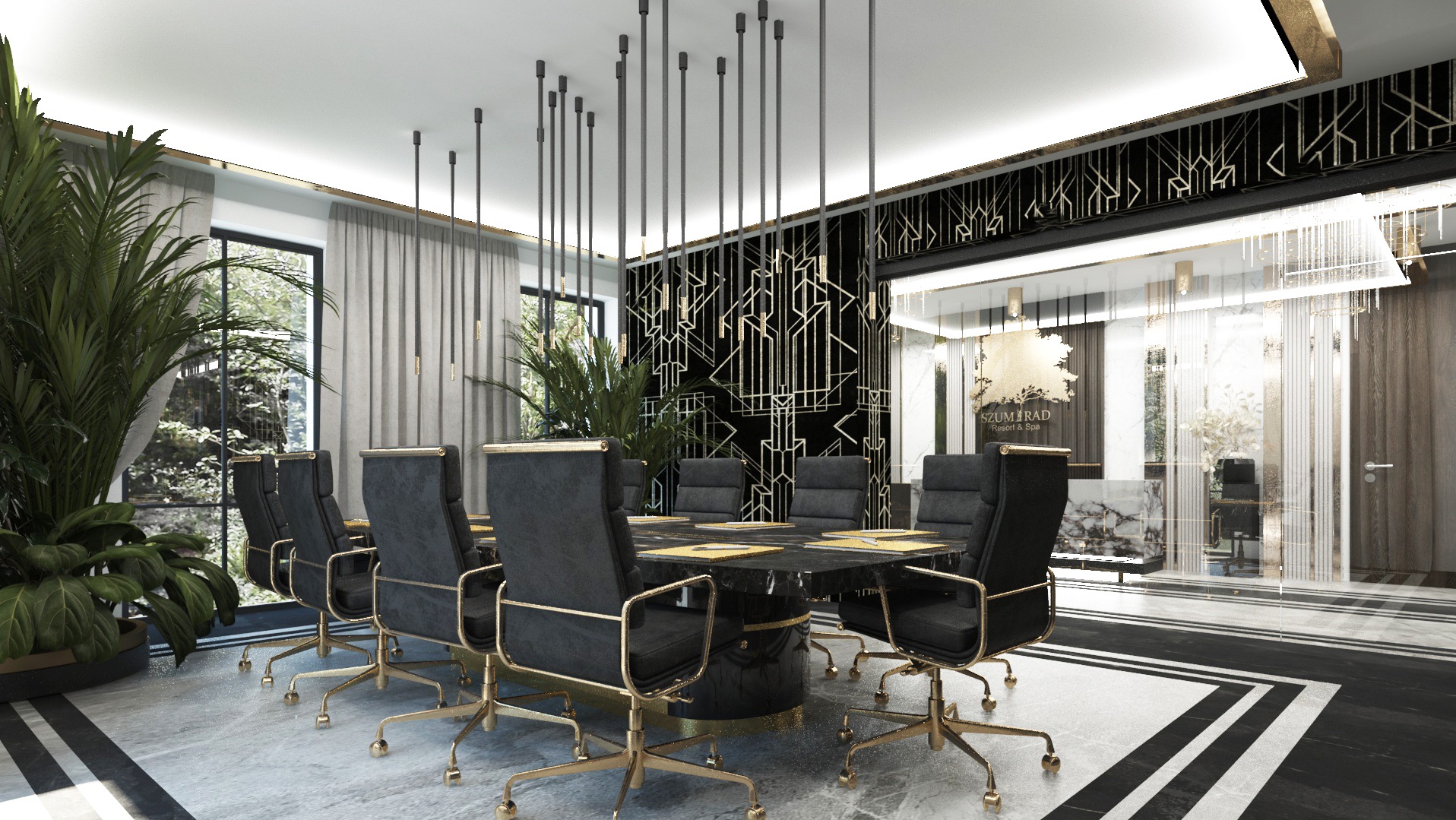 Elegancka sala konferencyjna z czarnym marmurowym stołem, krzesłami obitymi czarnym welurem na złotych nogach, modernistyczną tapetą w geometryczne wzory i roślinami w donicach.
