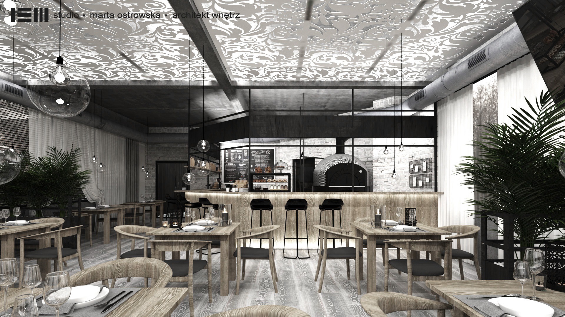Wnętrze restauracji w stylu loft z drewnianymi meblami, barem z piecem do pizzy i dekoracyjnym sufitem w odcieniach szarości.