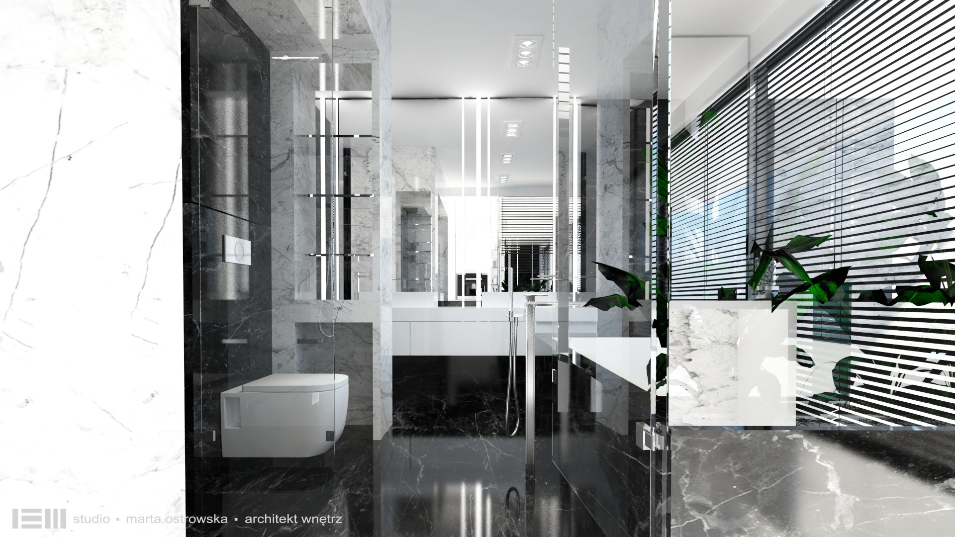 Nowoczesna łazienka z marmurowymi płytkami w odcieniach szarości i bieli, minimalistyczna toaleta podwieszana, szklana kabina prysznicowa typu walk-in, rolety okienne i roślina doniczkowa.