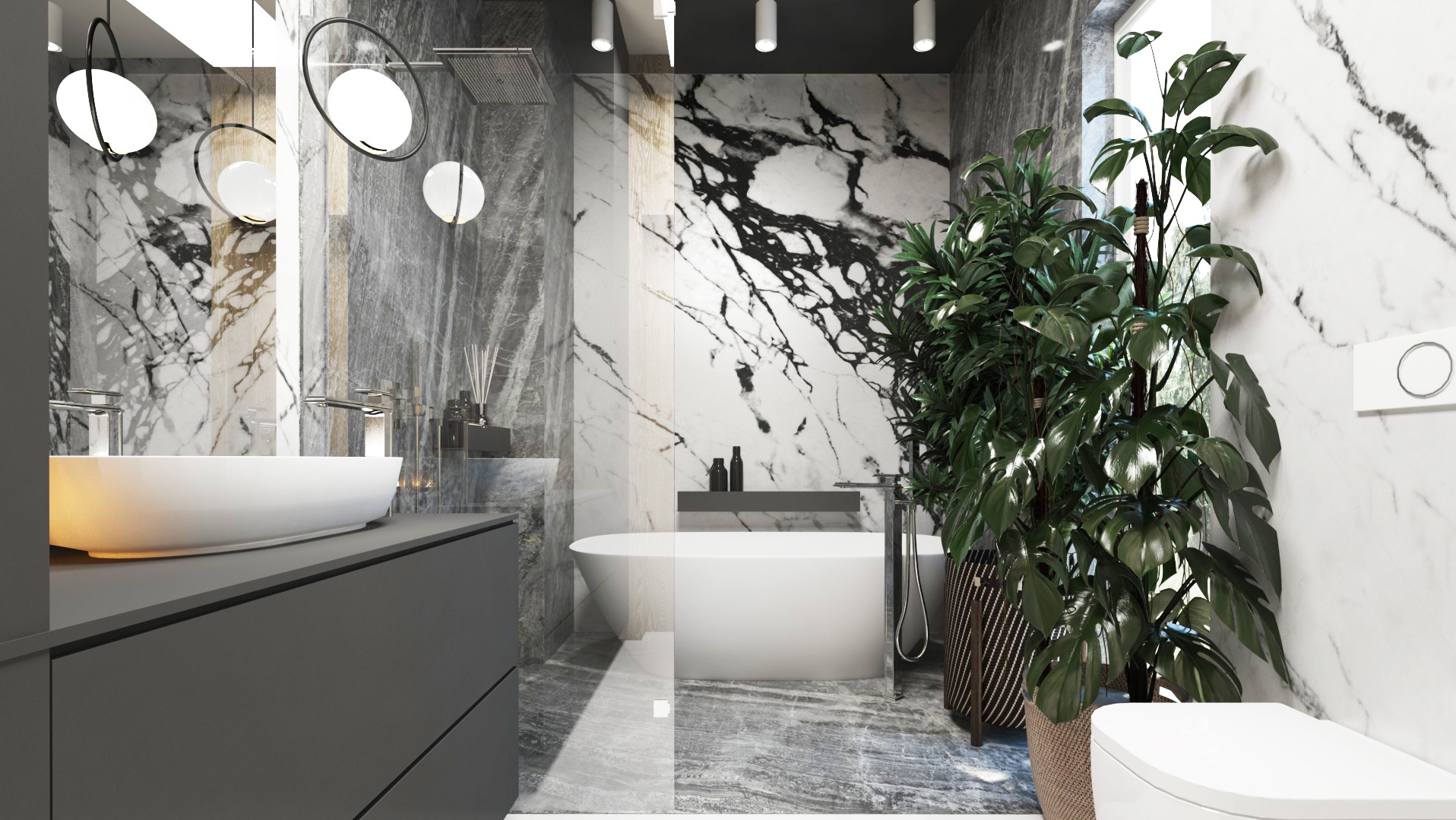 Nowoczesna łazienka z marmurowymi ścianami, wolnostojącą białą wanną, szarą szafką z umywalką nablatową, designerskimi lampami wiszącymi i dużą zieloną rośliną w plecionym koszu.