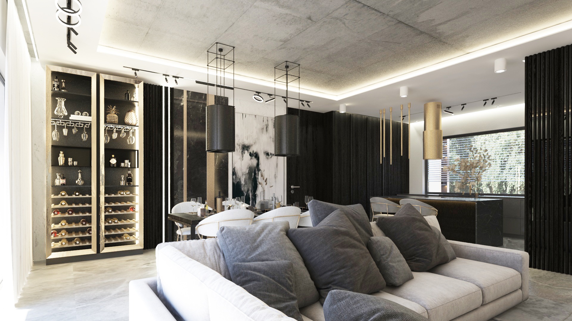 Wnętrze mieszkania z otwartą przestrzenią: salon z szarą sofą, jadalnia z białymi krzesłami i kuchnia z czarnym blatem, oświetlone wiszącymi lampami i z wbudowaną szafką na wino.