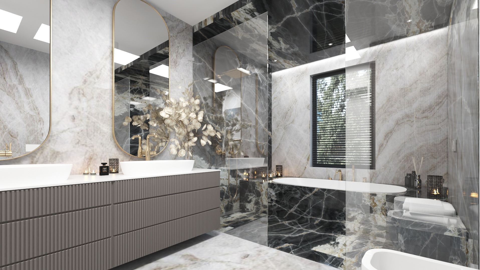 Elegancka łazienka z marmurowymi ścianami i podłogą, wyposażona w podwójną umywalkę na szafce z ryflowanymi frontami, owalne lustra w złotych ramach, kabinę prysznicową typu walk-in i wannę przy...