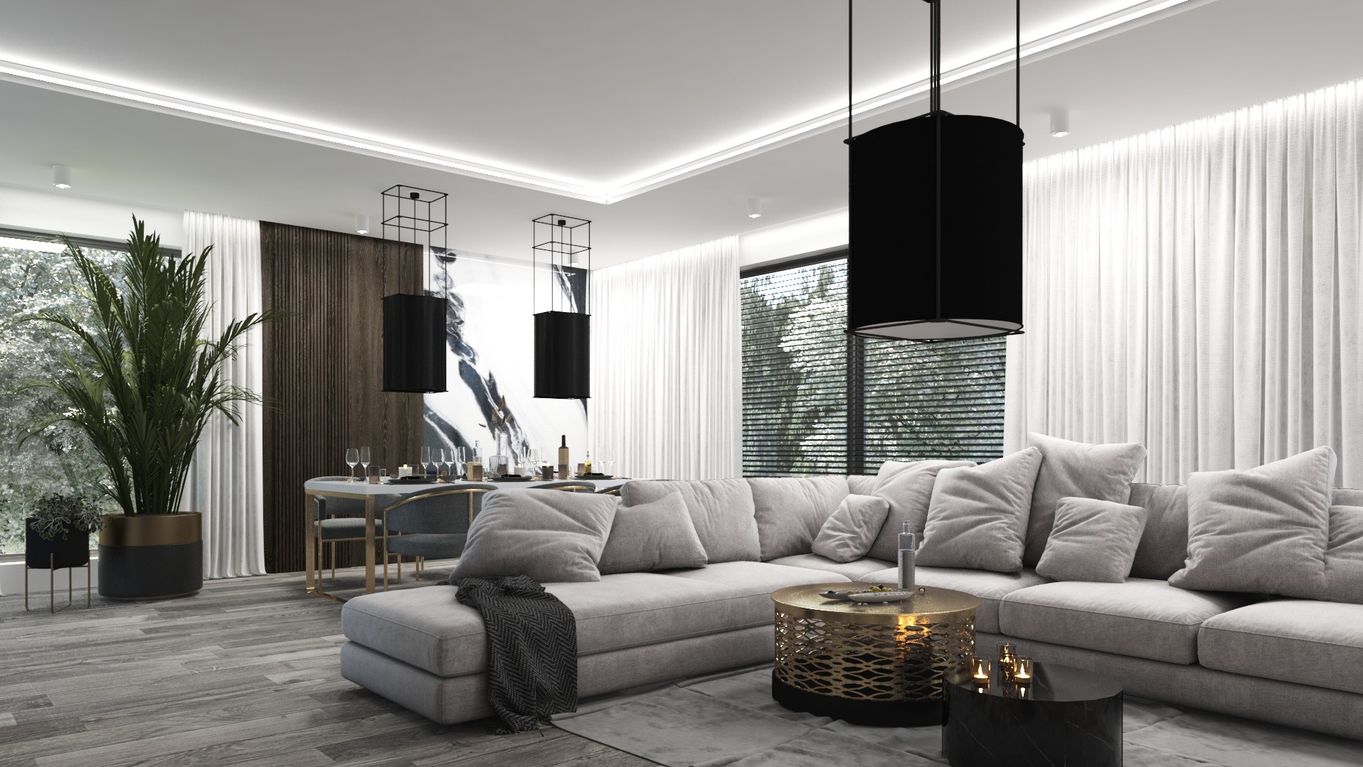 Nowoczesny salon z szarą sofą narożną, złotym stolikiem kawowym, czarnymi lampami wiszącymi i roślinami doniczkowymi, widok na jadalnię z marmurową ścianą w tle.