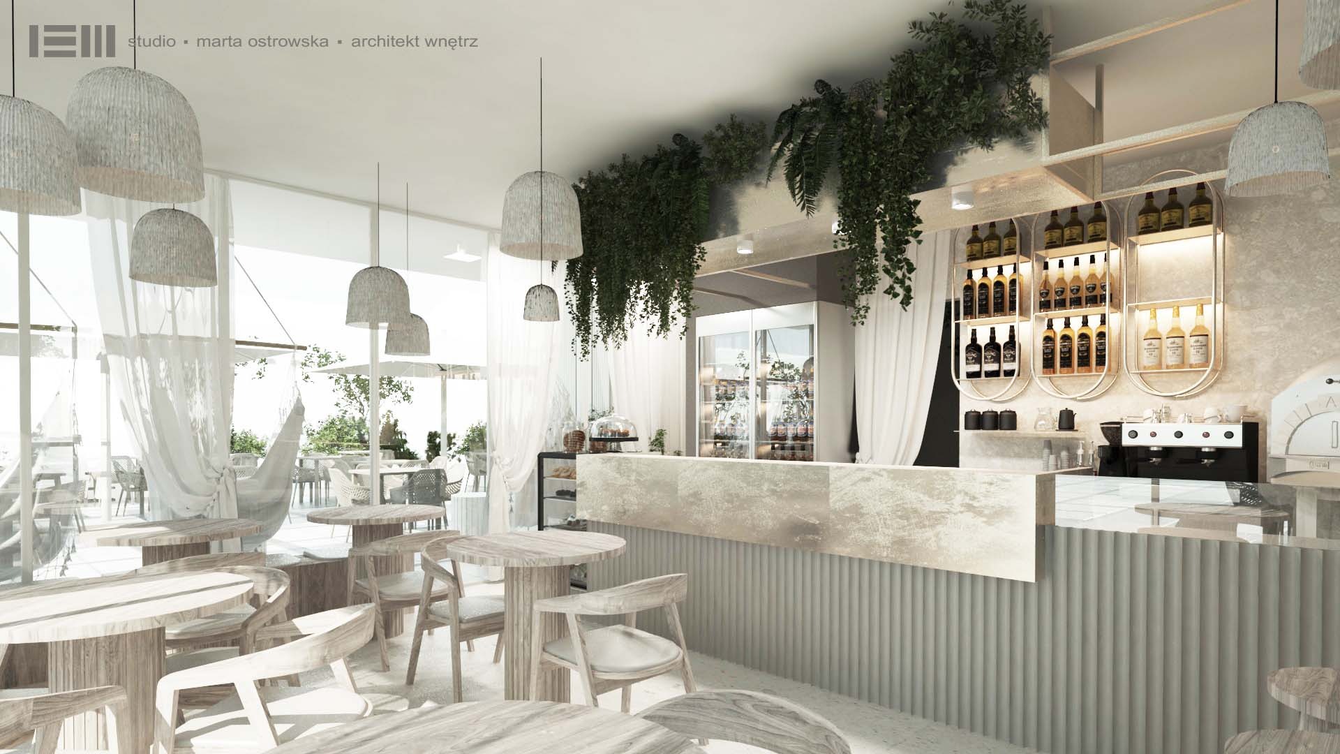 Wizualizacja wnętrza kawiarni w jasnych barwach, z drewnianymi stolikami i krzesłami, bar z ekspozycją napojów, wiszące rośliny i plecione lampy.