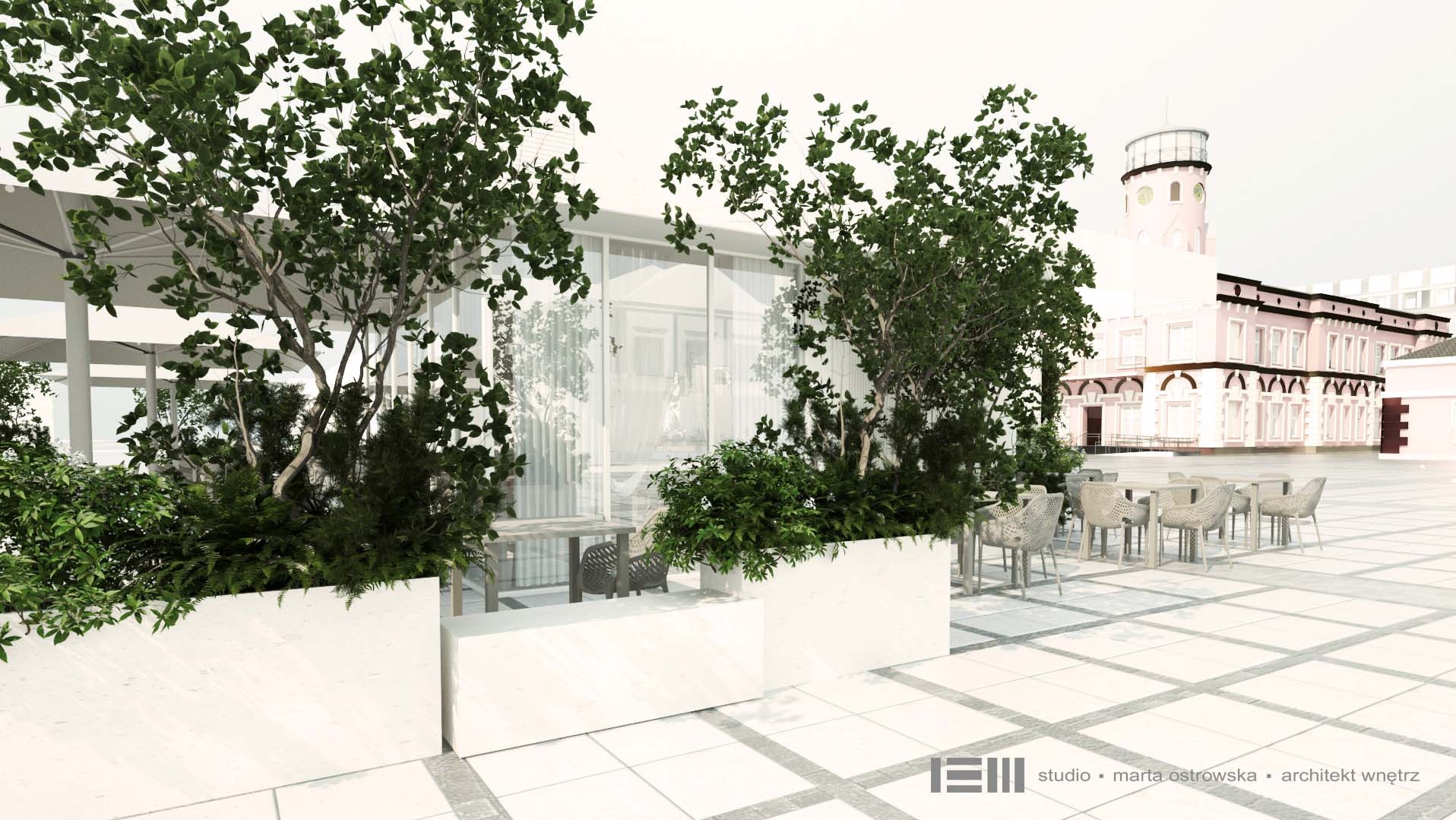 Wizualizacja projektu zagospodarowania przestrzeni zewnętrznej z białymi donicami, zielenią, stolikami i krzesłami na tle budynku z wieżą.