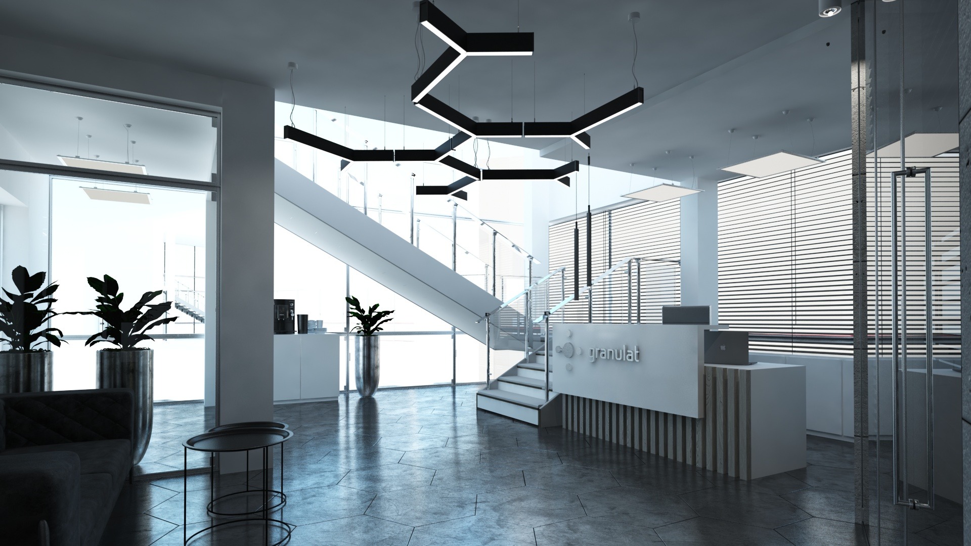 Nowoczesne biuro z recepcją w odcieniach szarości i bieli, heksagonalne lampy sufitowe, schody z przeszkloną balustradą, rośliny doniczkowe w metalowych osłonkach, betonowa podłoga w kształcie...